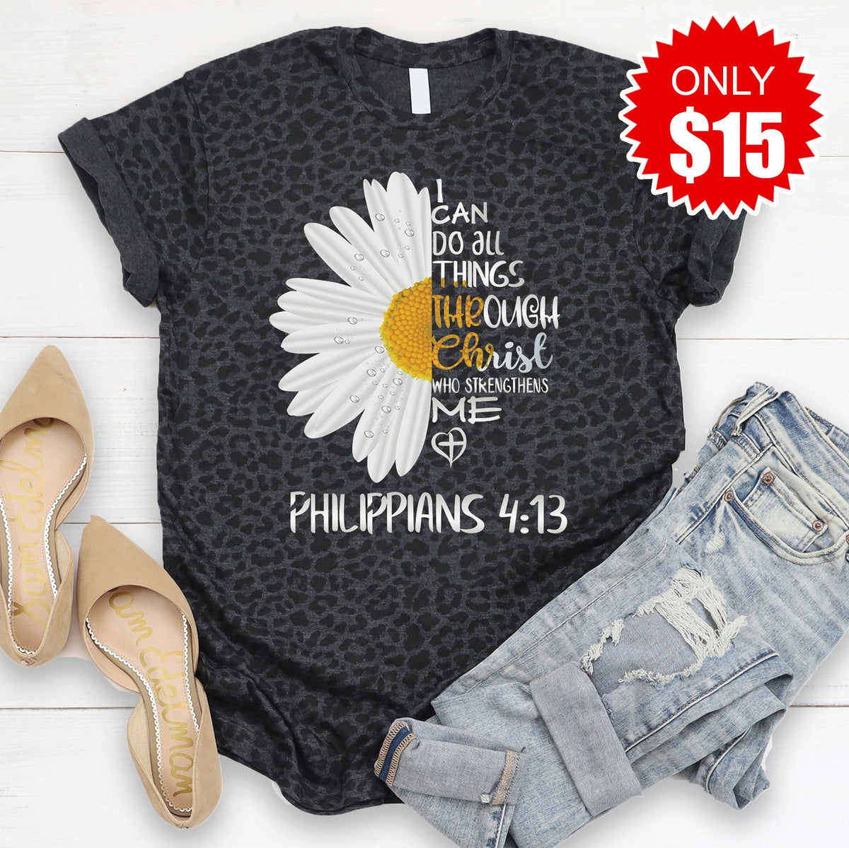 I Can Do All Things Daisy Tee - Black Leopard - 15 product image 1