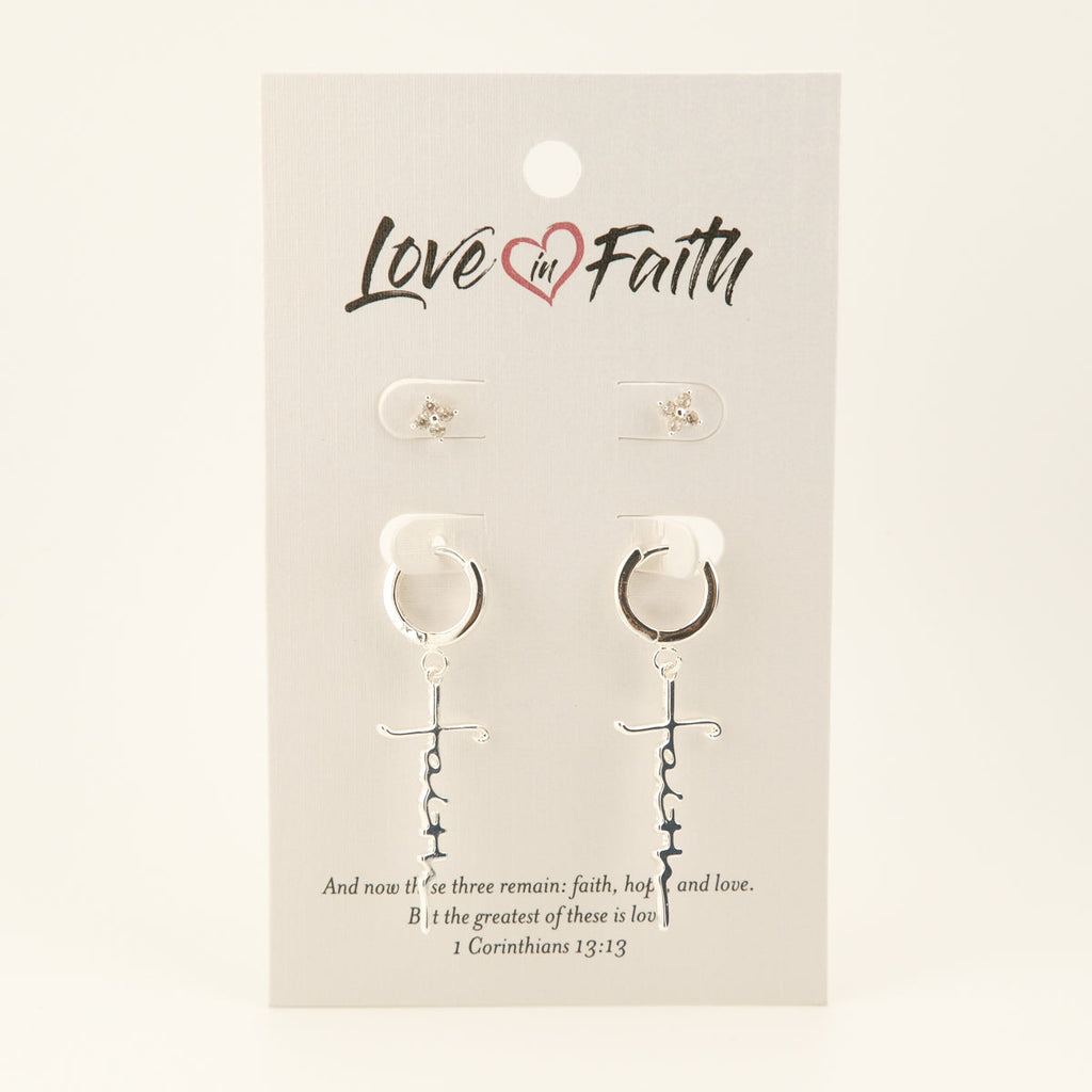 Faith Cross Silver Earring Set
