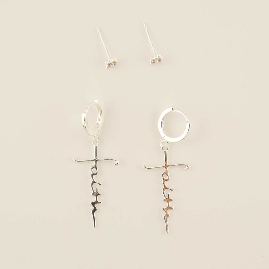 Faith Cross Silver Earring Set