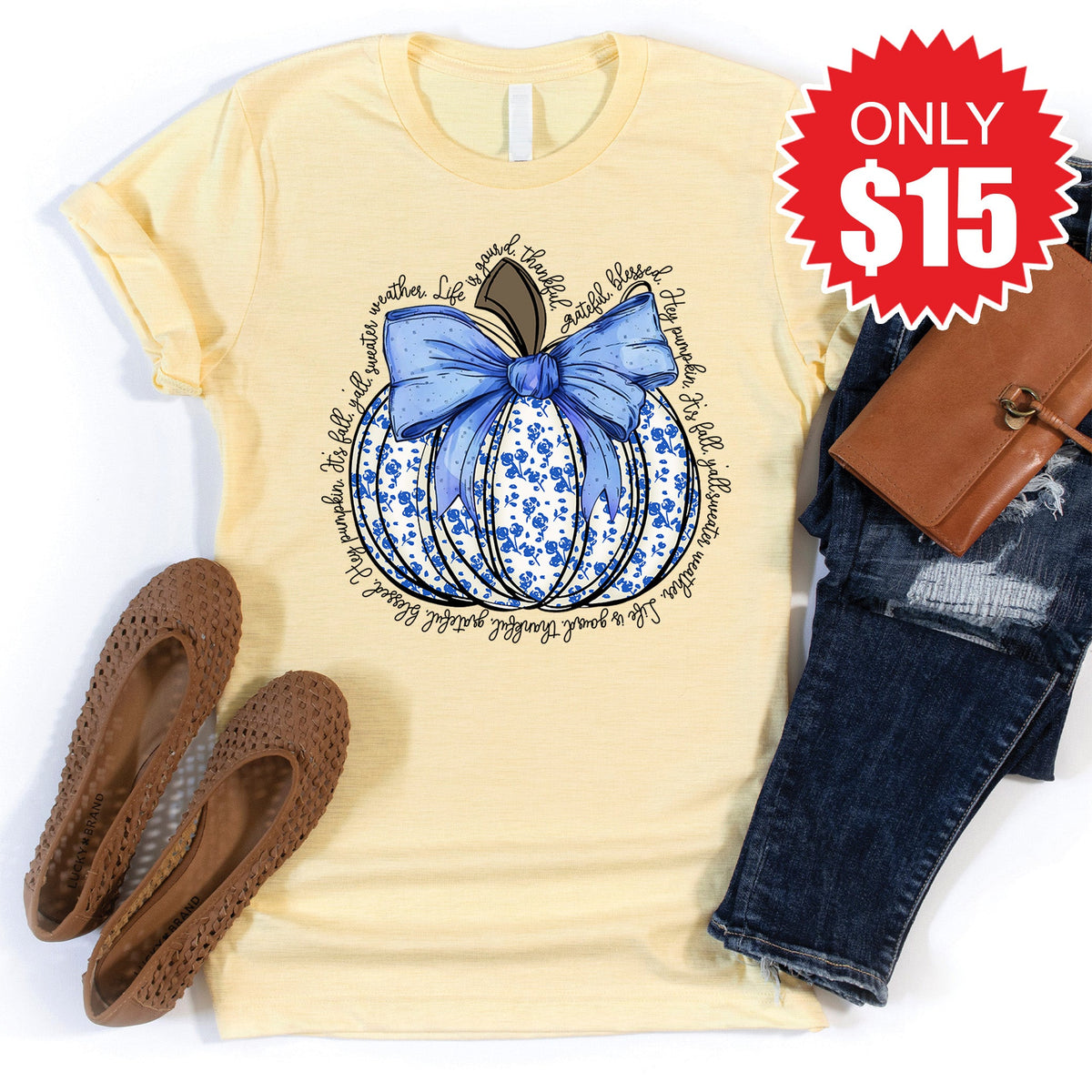 Blue Floral Pumpkin Tee - Heather French Vanilla - 15 product image 1