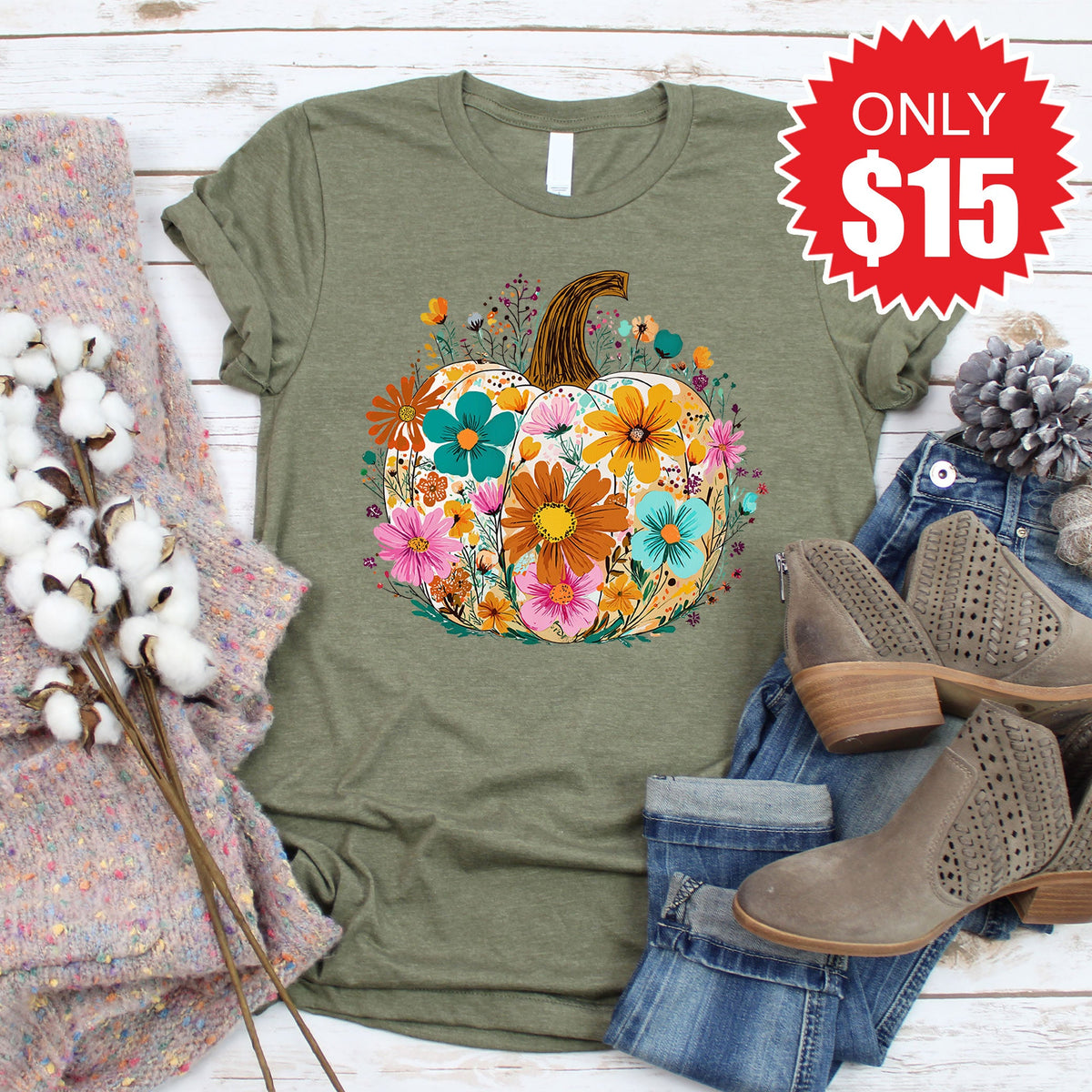 Pumpkin Boho Floral Tee - Heather Olive - 15 product image 1