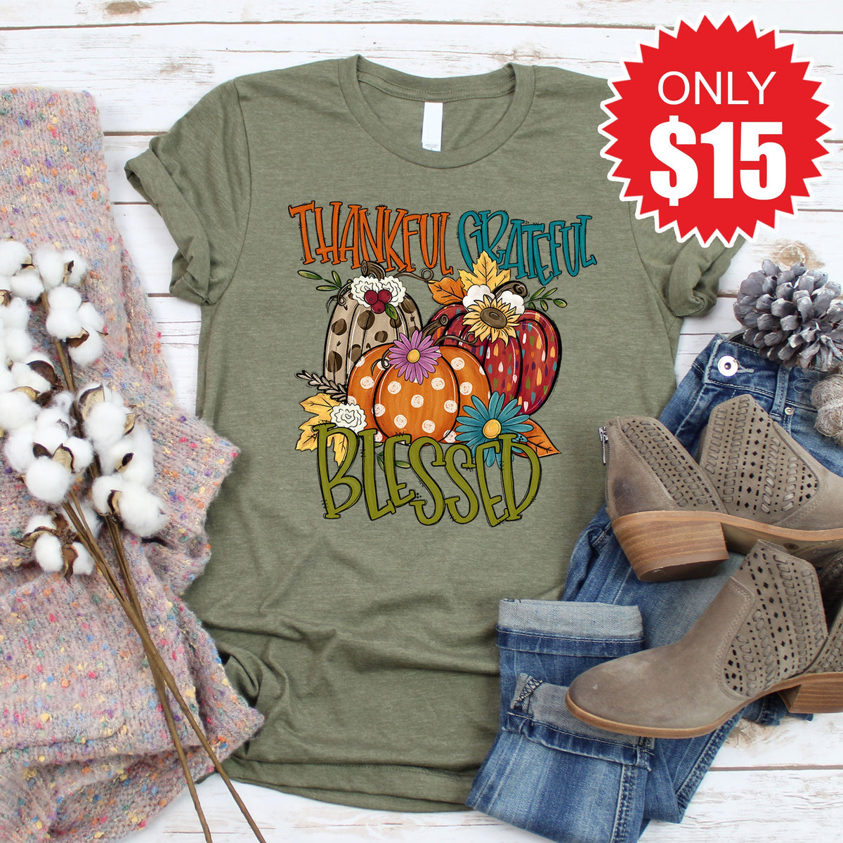 Thankful Grateful Blessed Fall Tee - Heather Olive - 15 product image 1