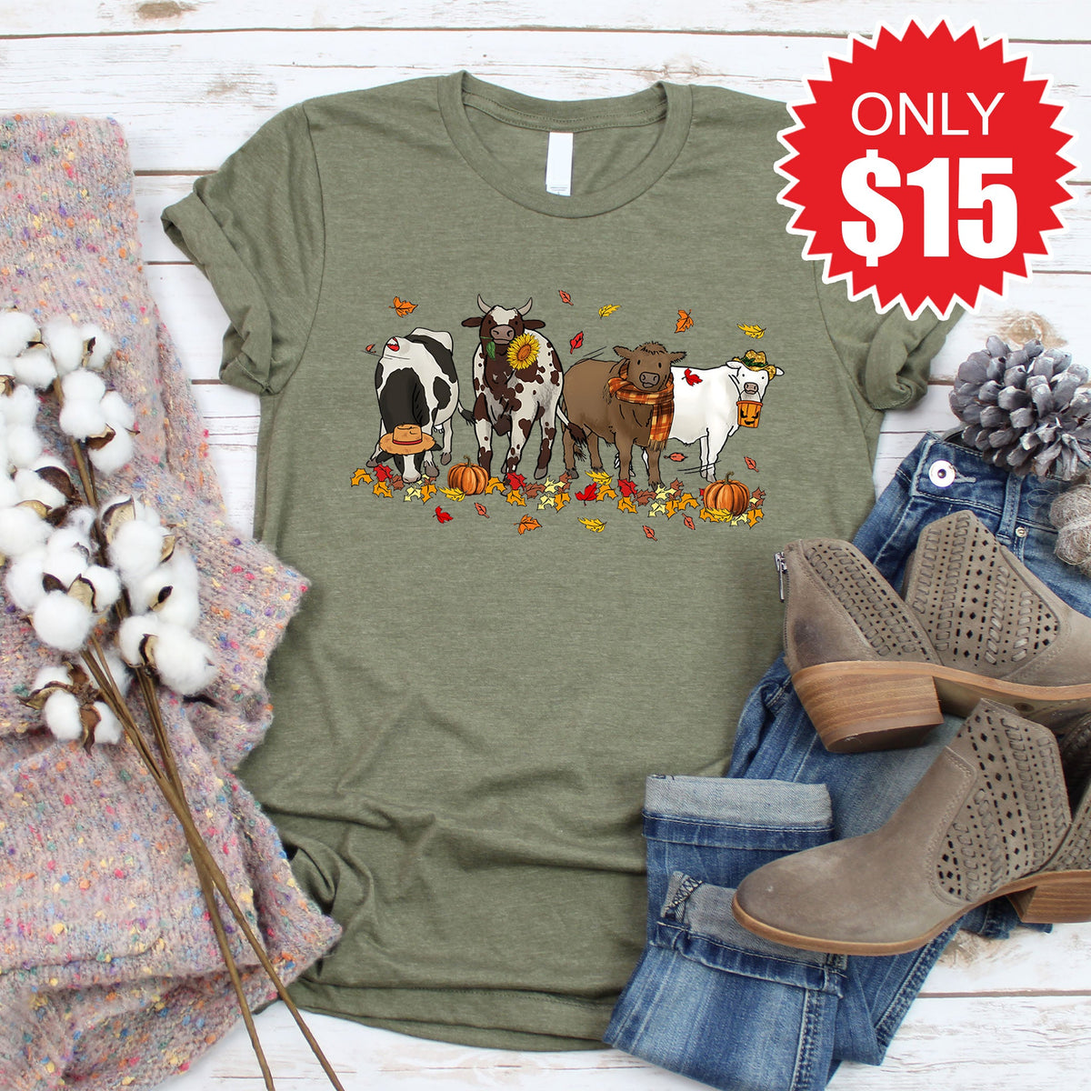 Cows Pumpkin Tee - Heather Olive - 15 product image 1
