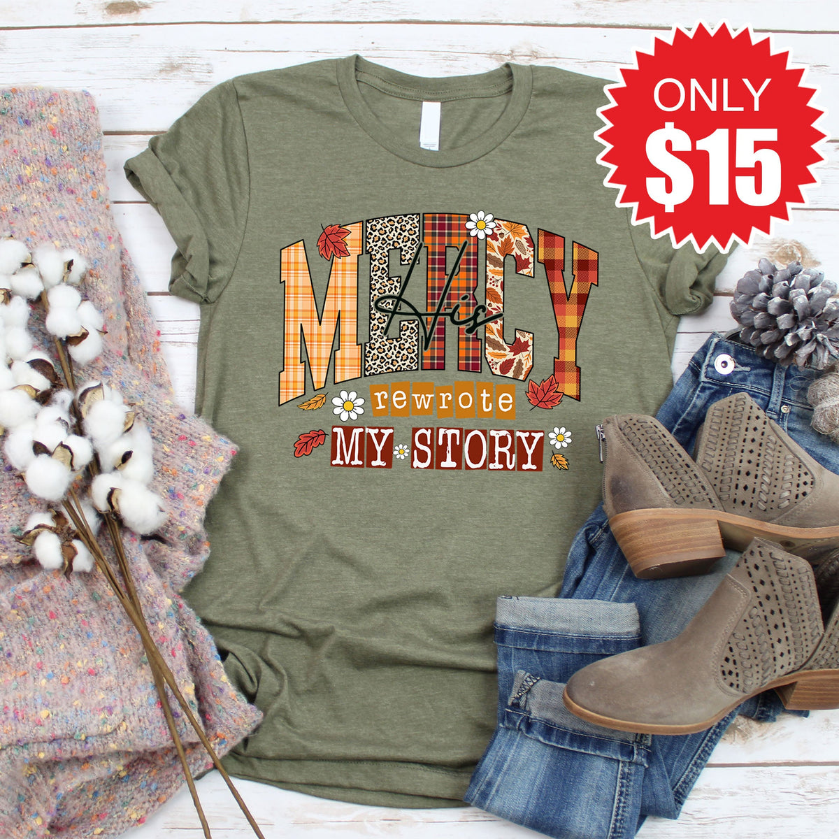 His Mercy Tee - Heather Olive - 15 product image 1