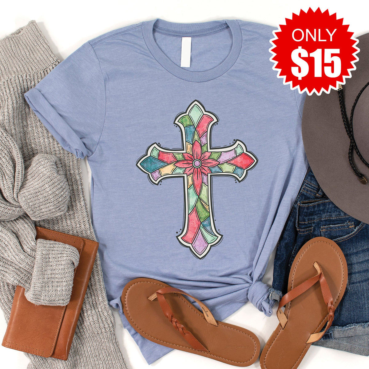 Stained Glass Cross Tee - Heather Blue - 15 product image 1