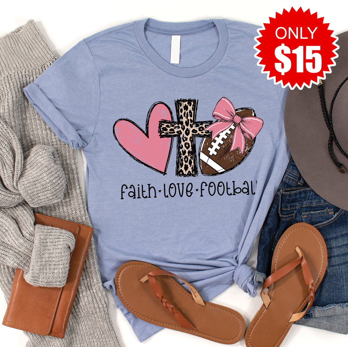 Faith Love Football Tee - Heather Blue - 15 product image 1