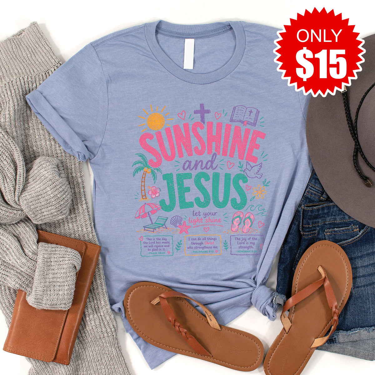 Sunshine and Jesus Tee - Heather Blue - 15 product image 1