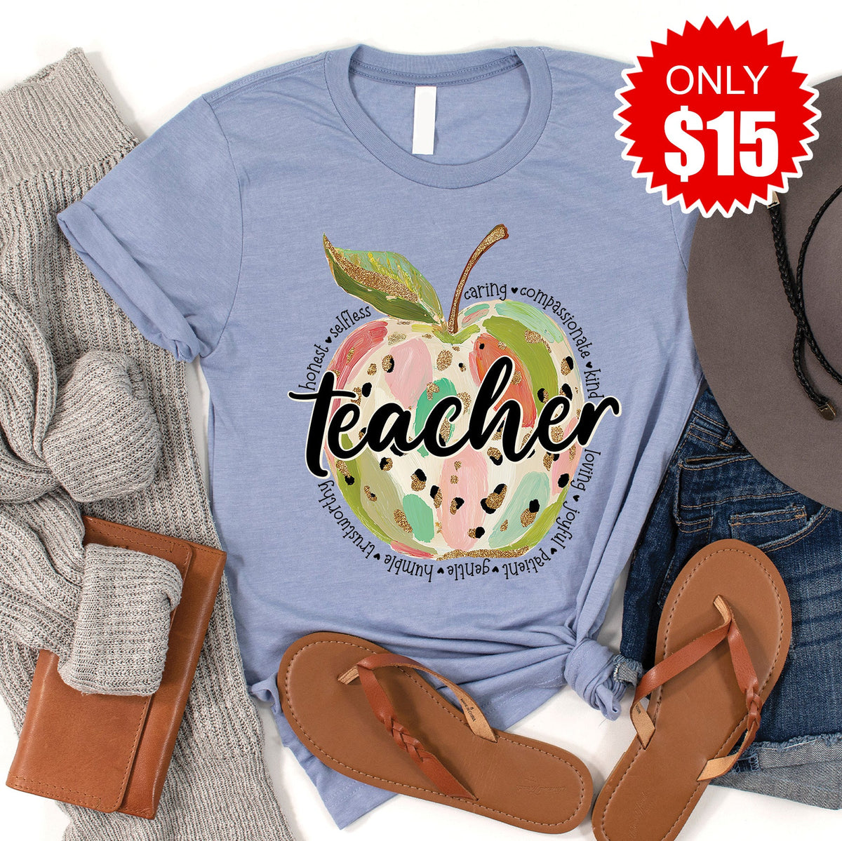 Teacher Apple Tee - Heather Blue - 15 product image 1