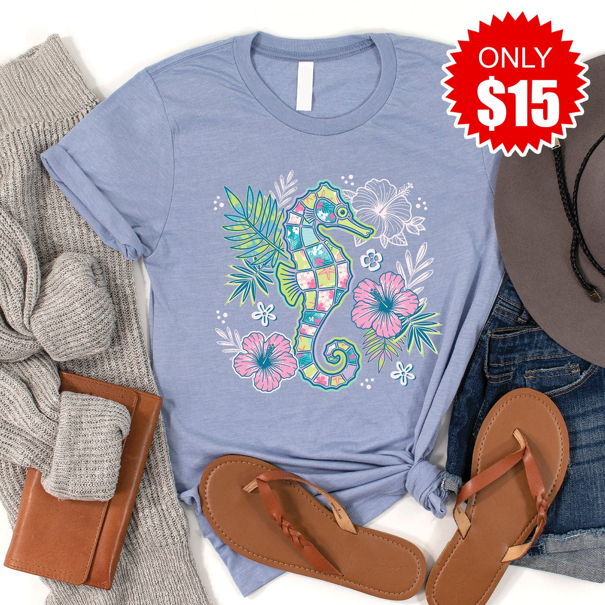 Floral Seahorse Tee - Heather Blue - 15 product image 1