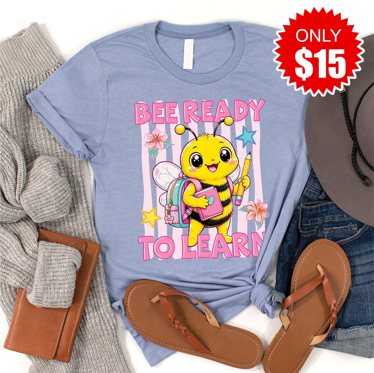 Bee Ready To Learn Tee - Heather Blue - 15 product image 1