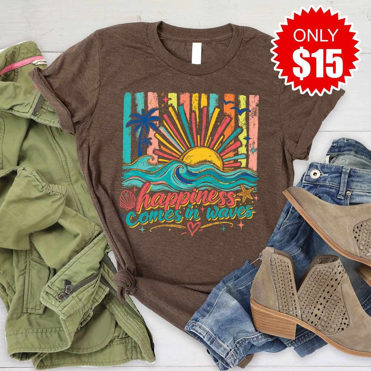 Happiness Comes In Waves Tee - Heather Brown - 15 product image 1