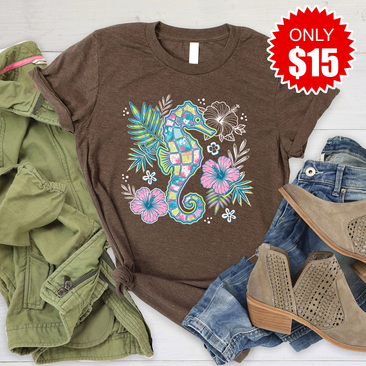 Floral Seahorse Tee - Heather Brown - 15 product image 1