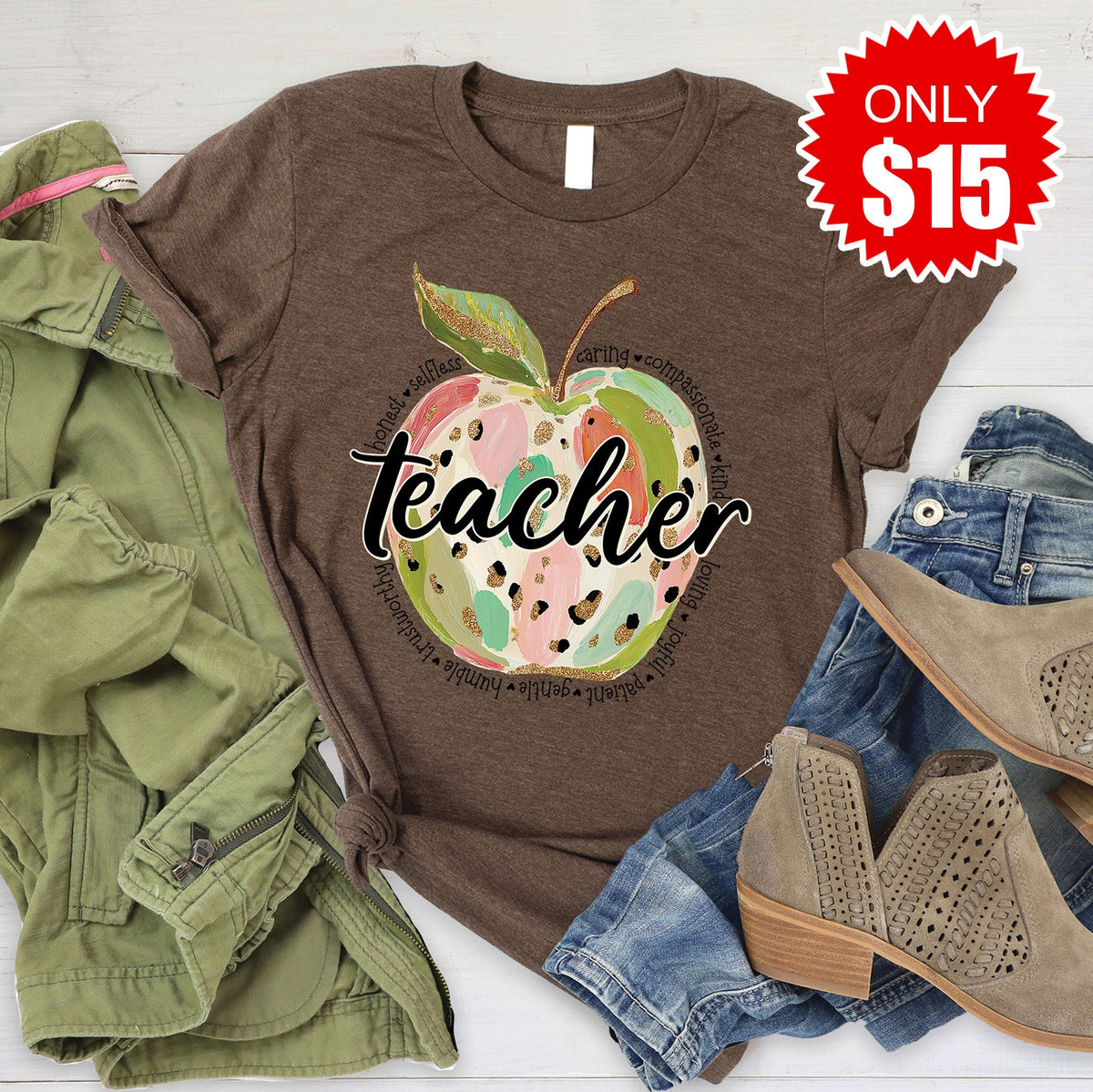 Teacher Apple Tee - Heather Brown - 15 product image 1