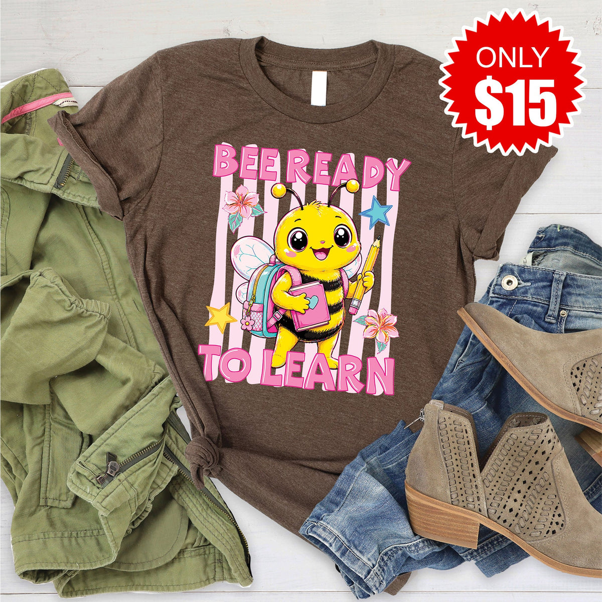 Bee Ready To Learn Tee - Heather Brown - 15 product image 1
