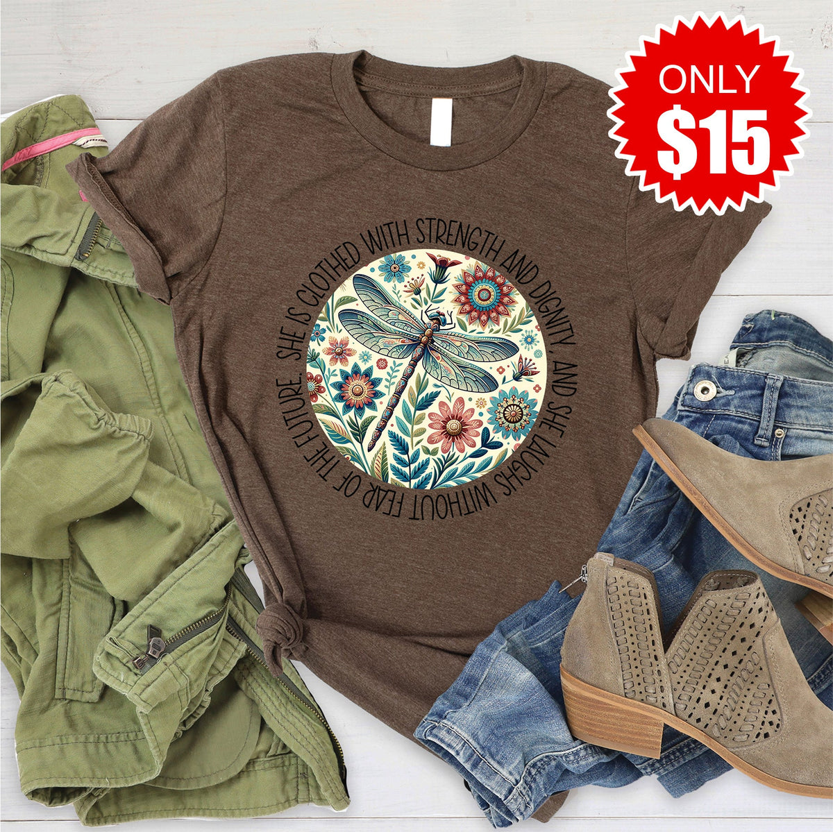 She Is Clothed With Strength Tee - Heather Brown - 15 product image 1