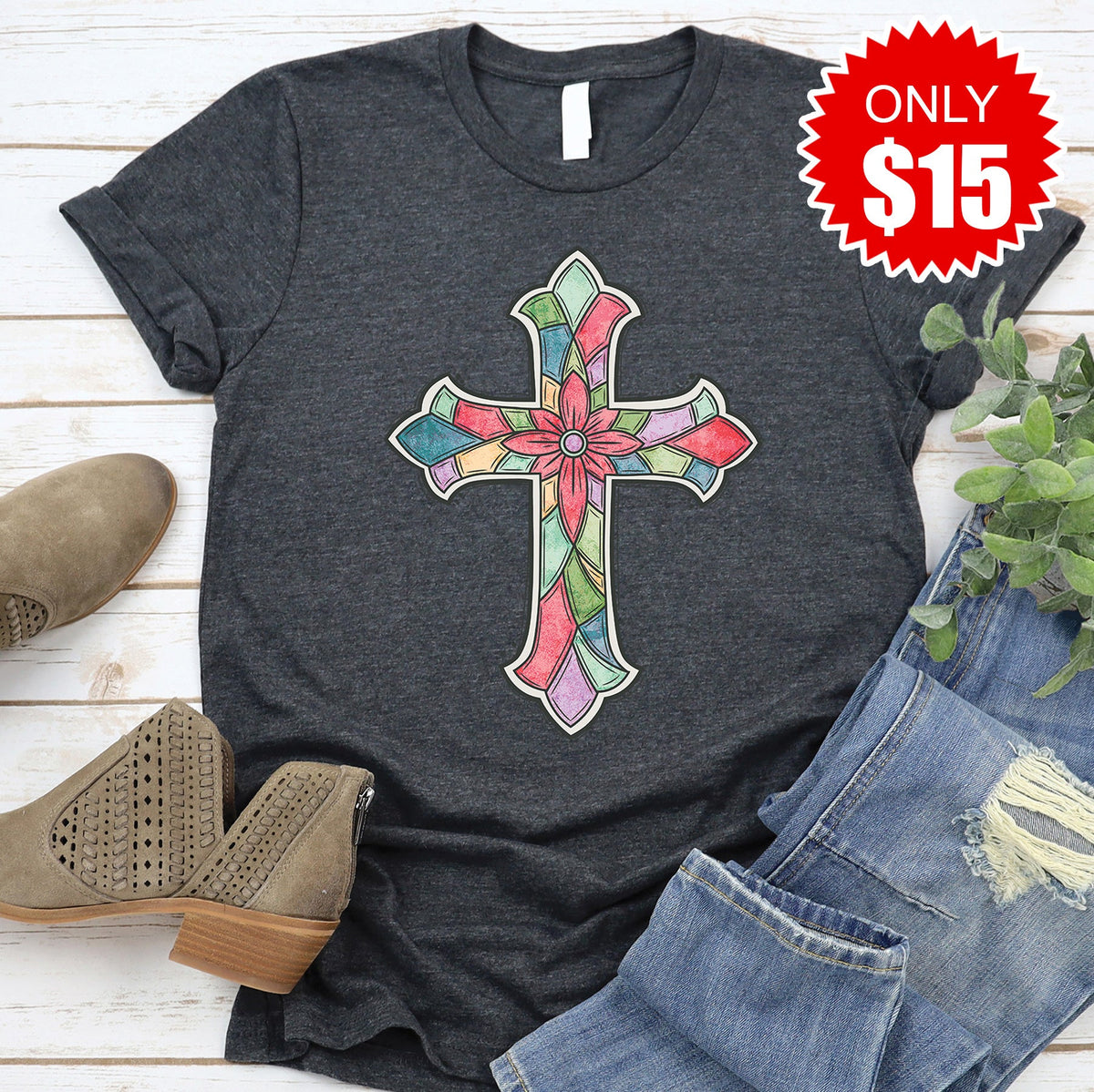 Stained Glass Cross Tee - Heather Charcoal - 15 product image 1