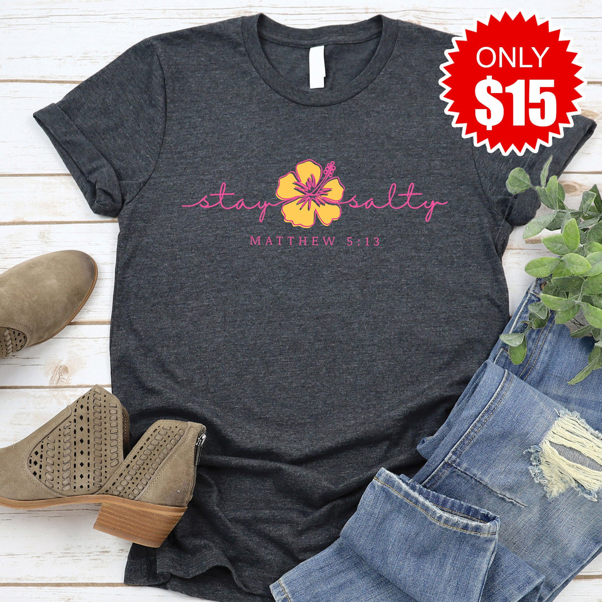 Stay Salty Hibiscus Tee - Heather Charcoal - 15 product image 1