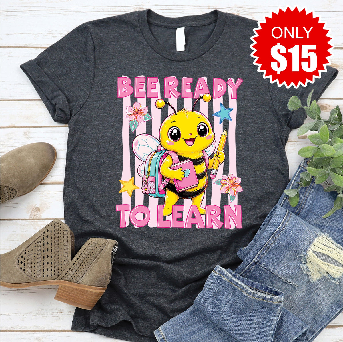 Bee Ready To Learn Tee - Heather Charcoal - 15 product image 1