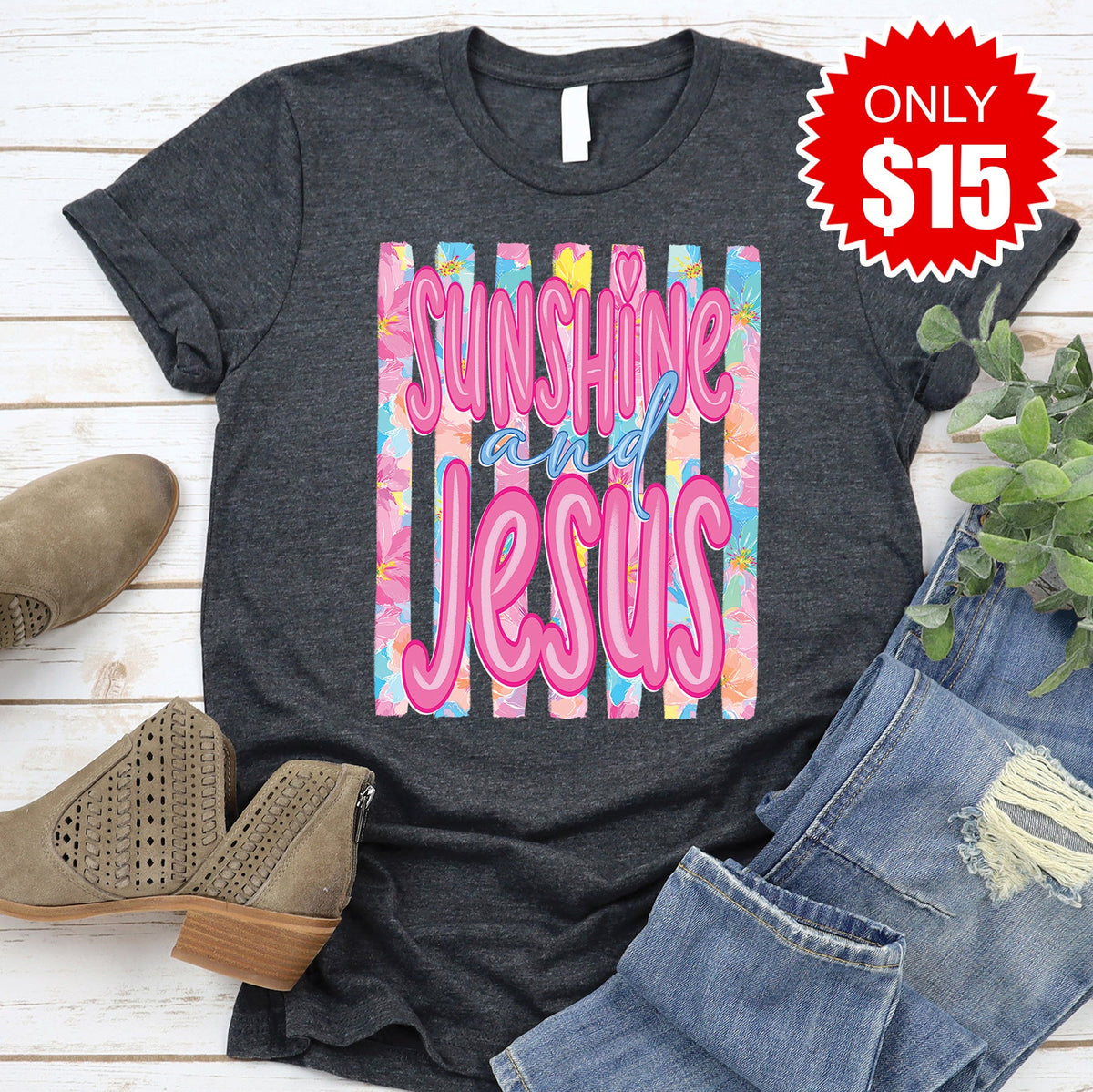 Sunshine and Jesus Tee - Heather Charcoal - 15 product image 1