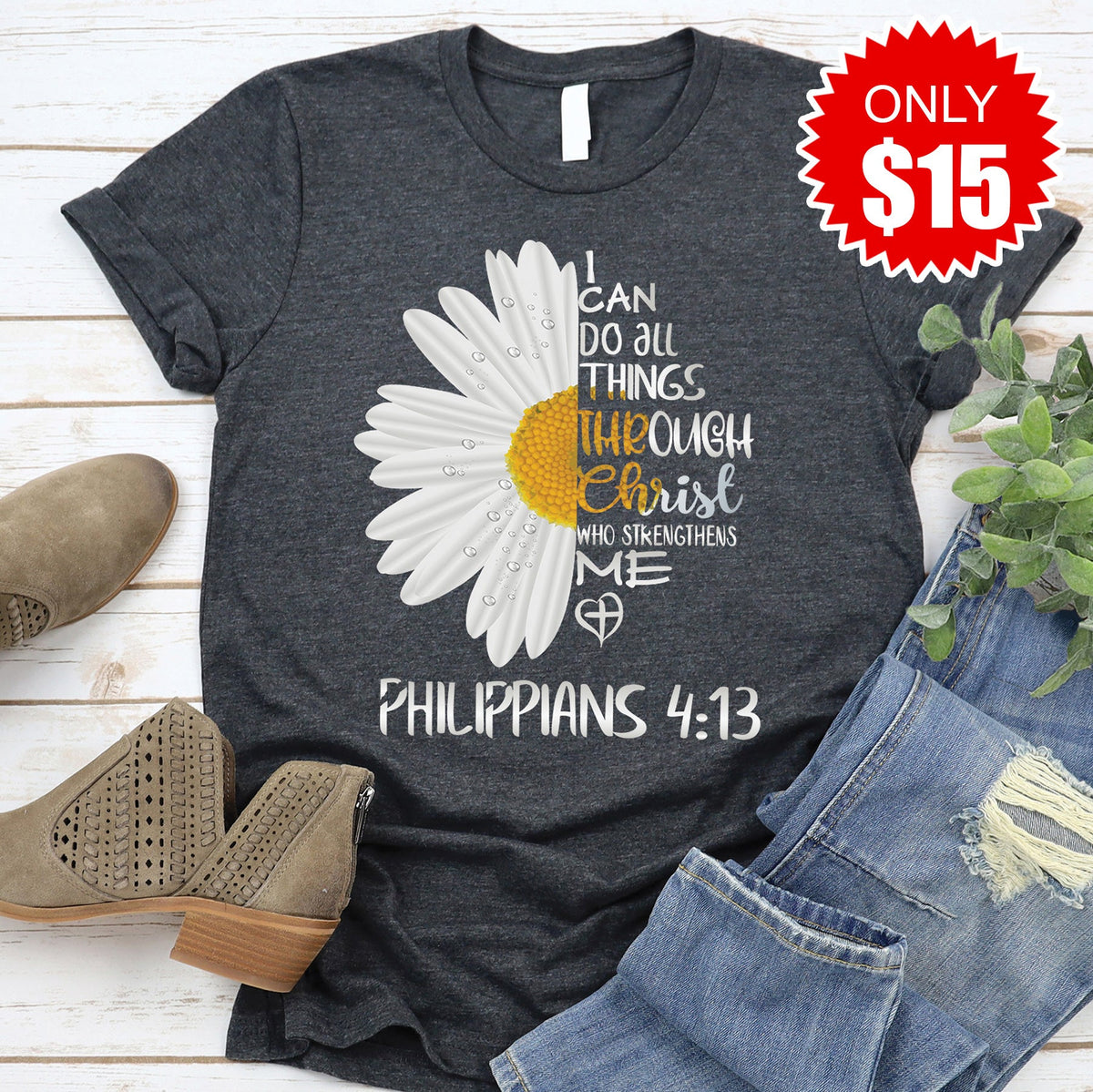 I Can Do All Things Daisy Tee - Heather Charcoal - 15 product image 1