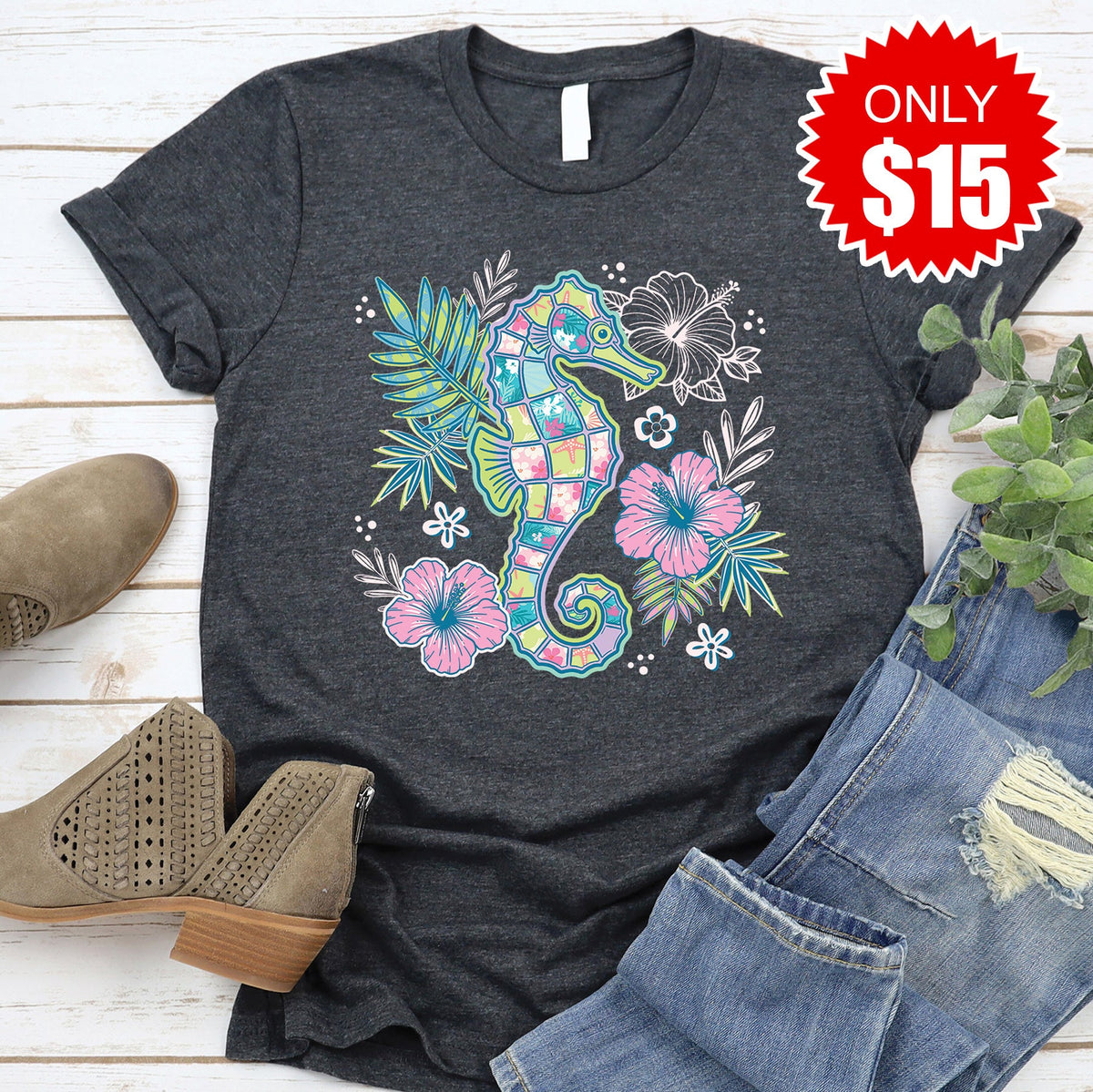 Floral Seahorse Tee - Heather Charcoal - 15 product image 1