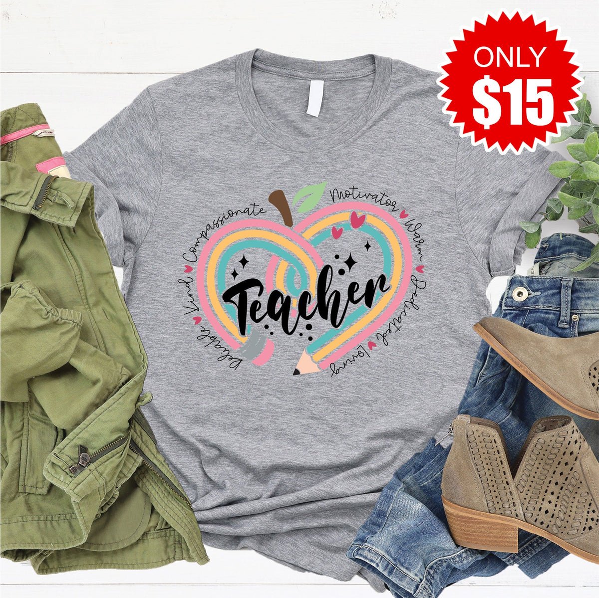 Teacher Pencil Heart Tee - Heather Grey - 15 product image 1
