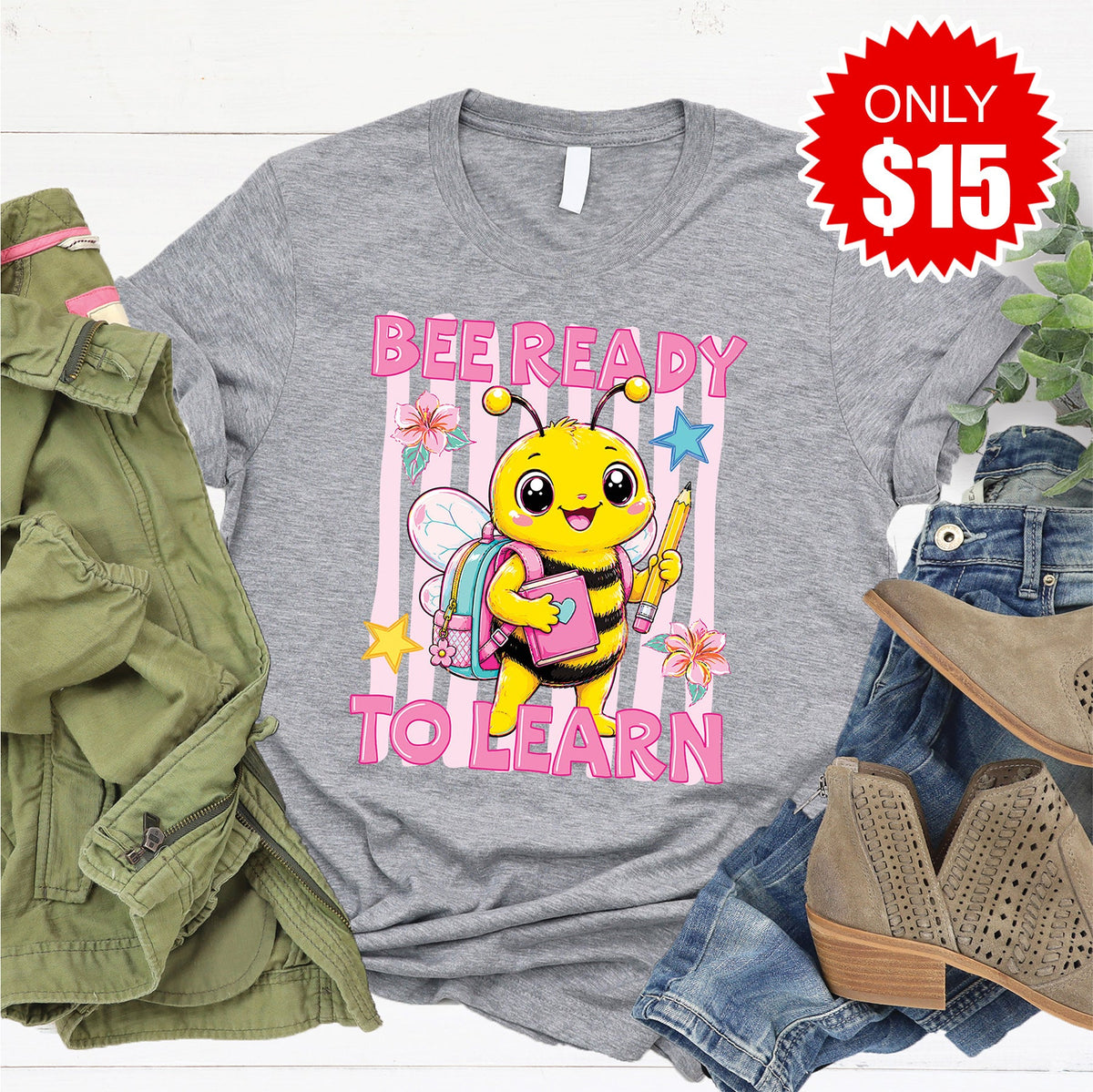 Bee Ready To Learn Tee - Heather Grey - 15 product image 1