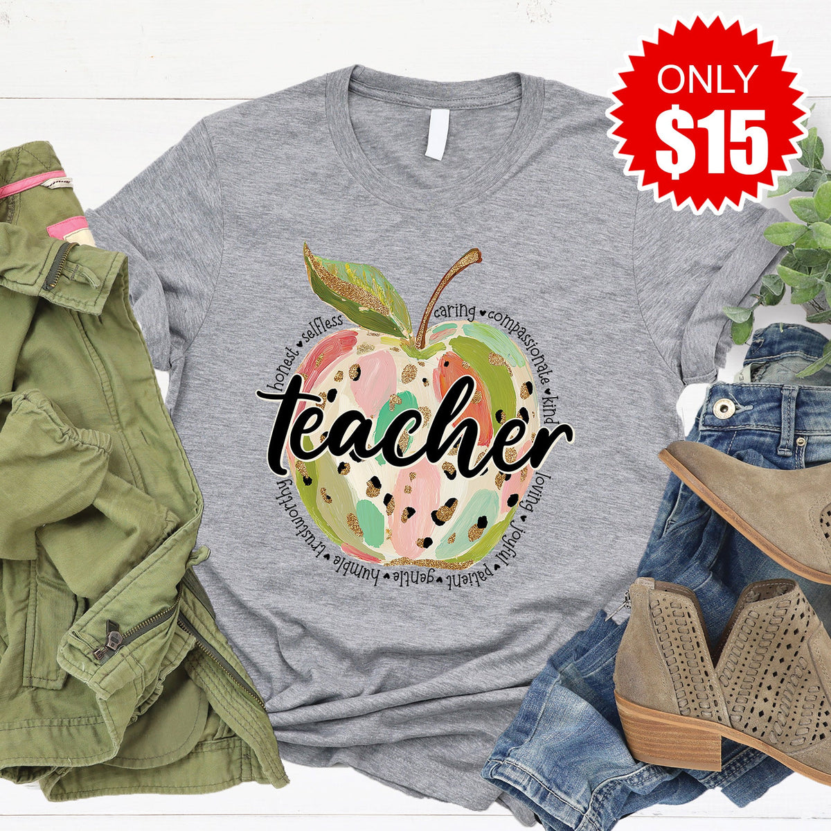 Teacher Apple Tee - Heather Grey - 15 product image 1