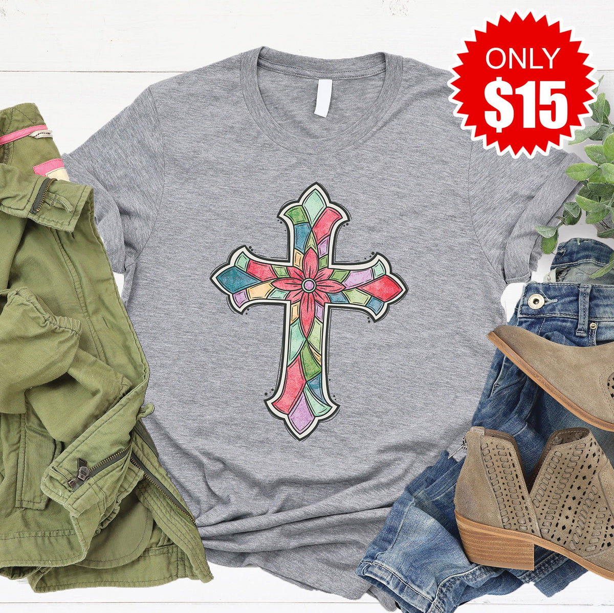 Stained Glass Cross Tee - Heather Grey - 15 product image 1