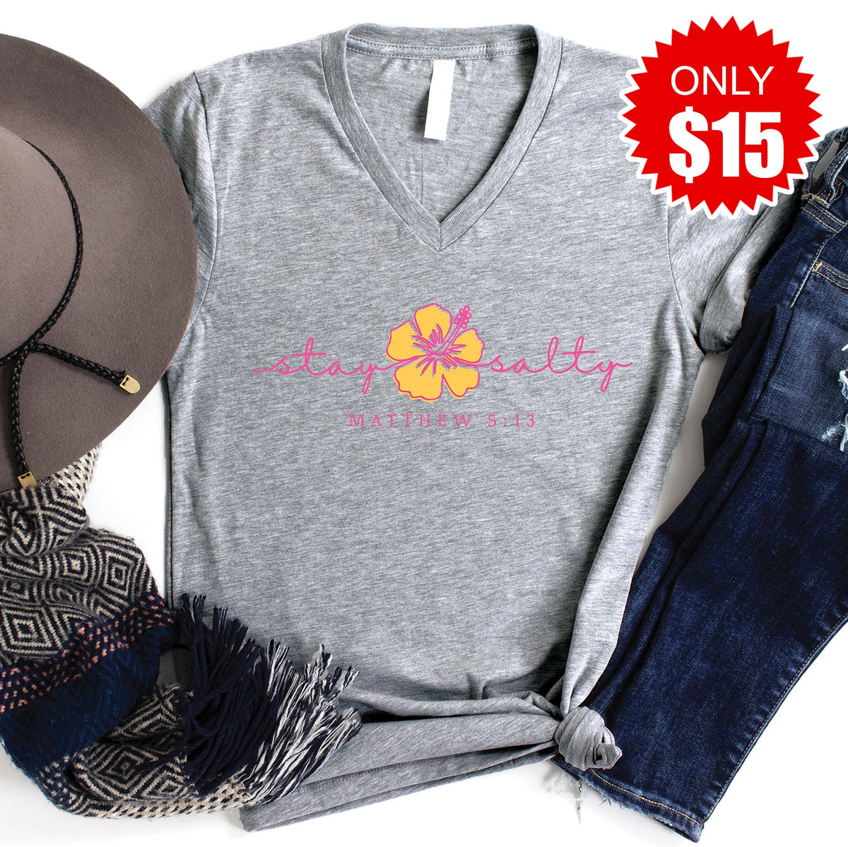 Stay Salty Hibiscus V-Neck - Heather Grey - 15