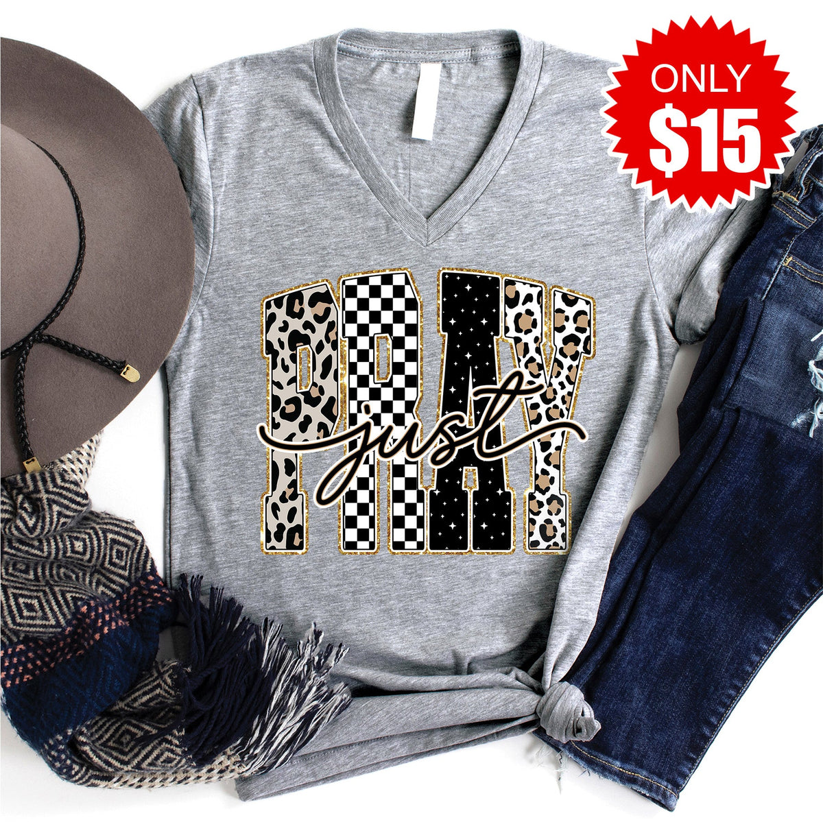Just Pray V-Neck - Heather Grey - 15