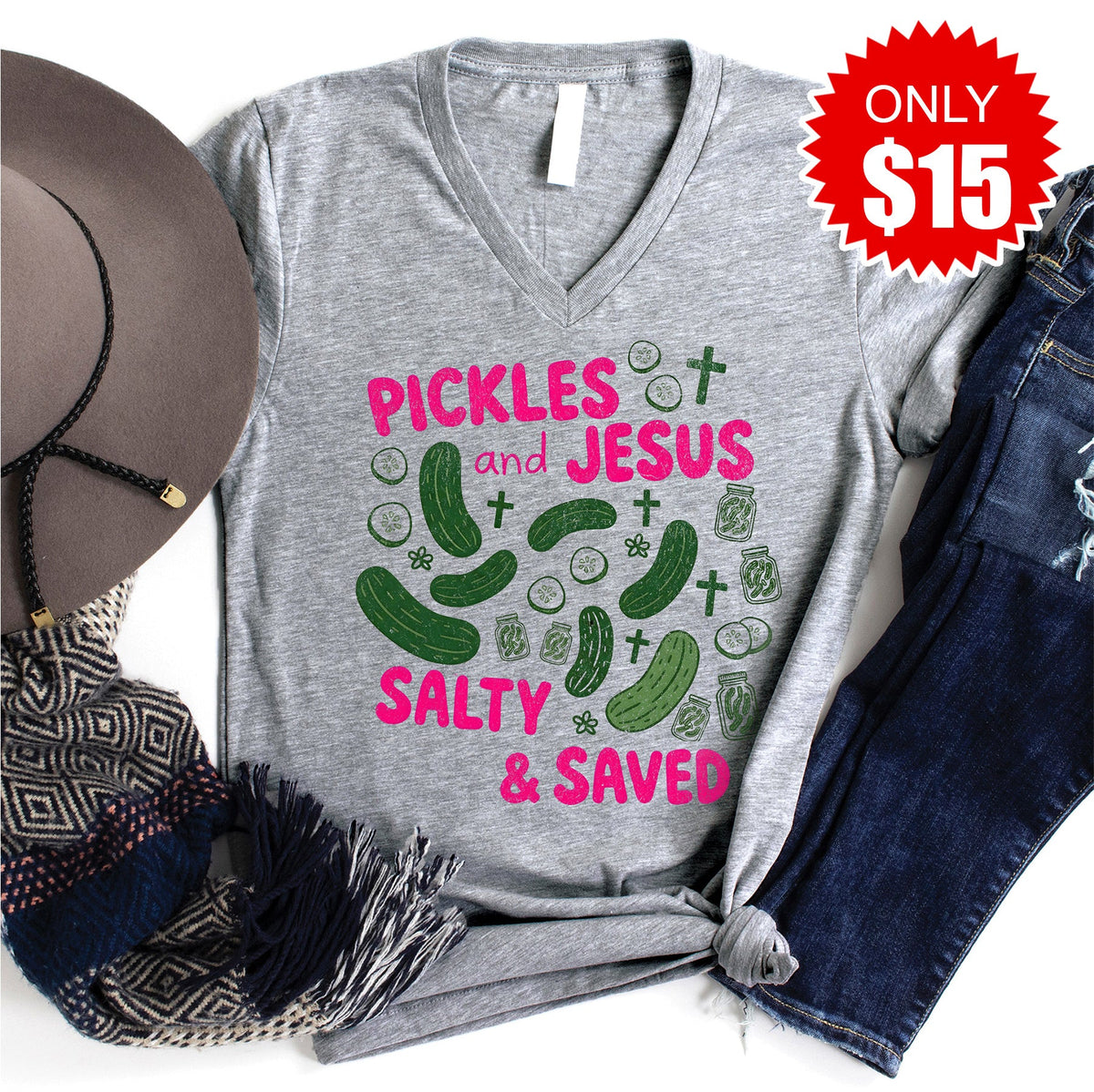 Salty and Saved V-Neck - Heather Grey - 15