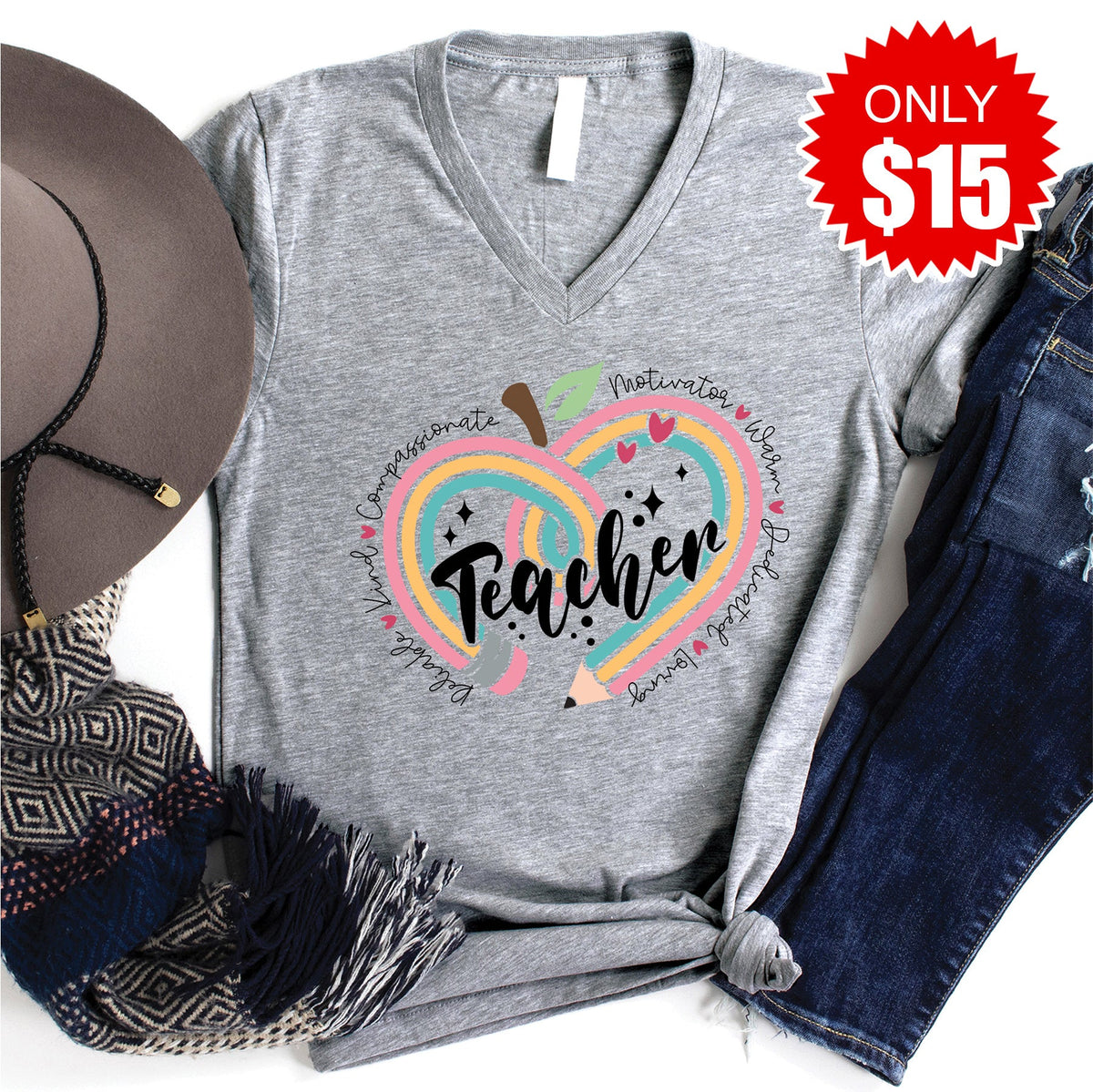 Teacher Pencil Heart V-Neck - Heather Grey - 15