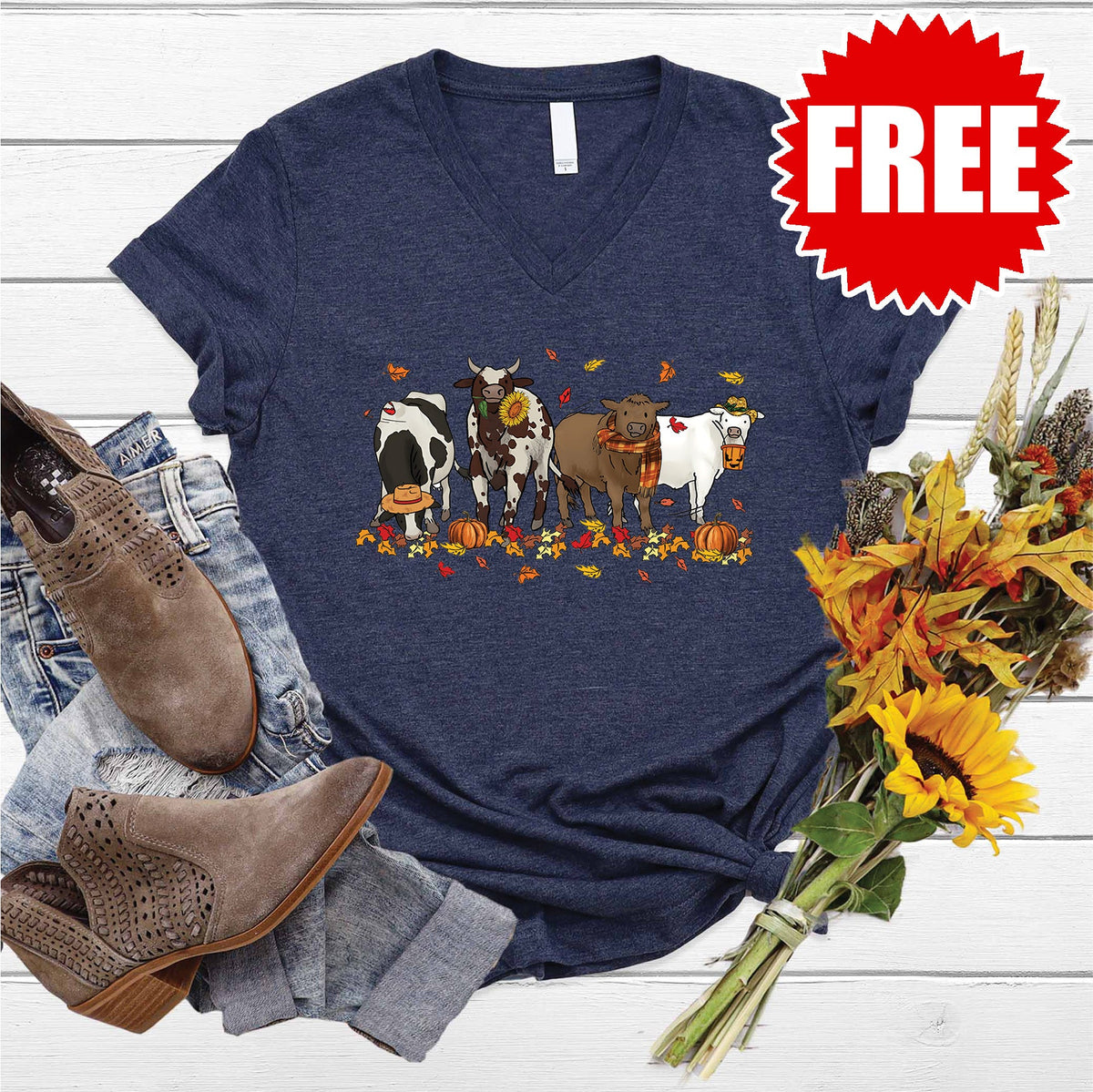 Cows Pumpkins V-Neck - Heather Navy - 0