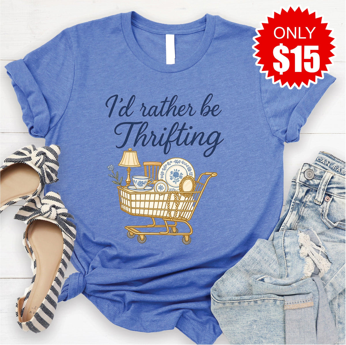 Id Rather Be Thrifting Tee - Heather Royal Blue - 15 product image 1