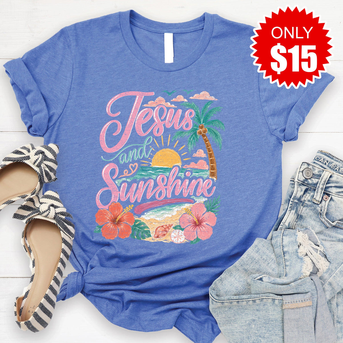 Jesus and Sunshine Tee - Heather Royal Blue - 15 product image 1