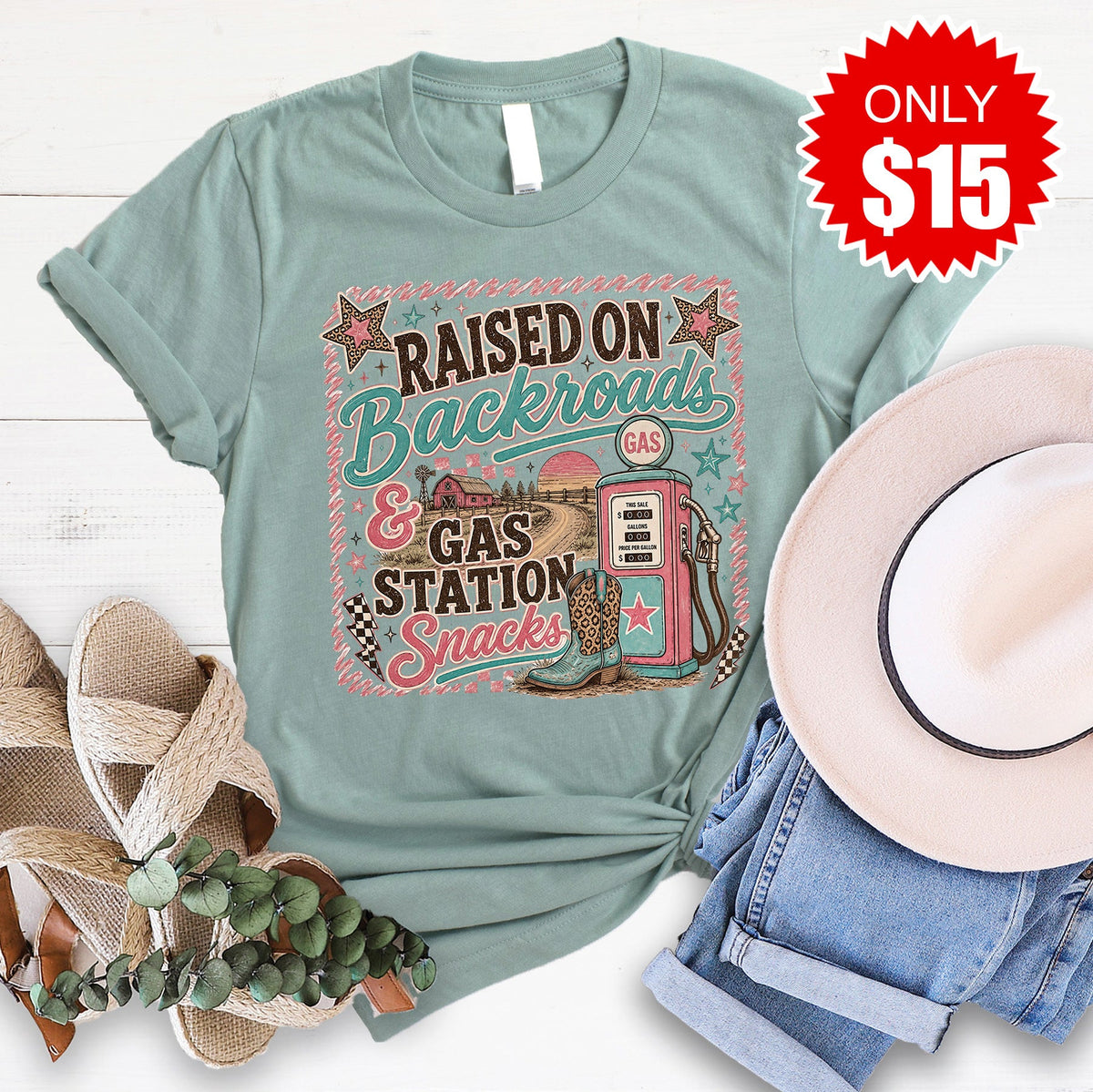 Raised On Backroads Tee - Heather Sage - 15 product image 1