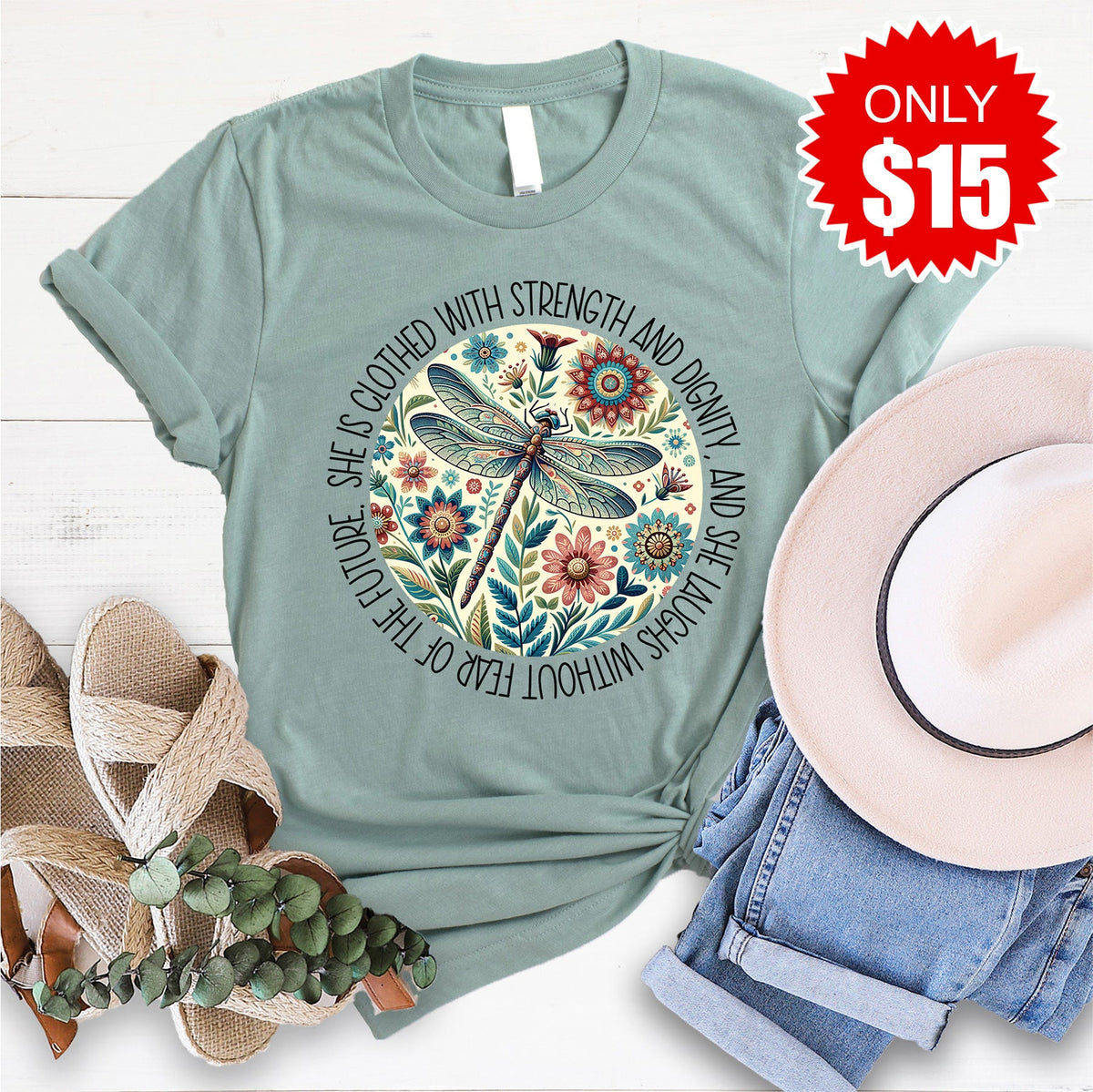She is Clothed with Strength Tee - Heather Sage - 15 product image 1