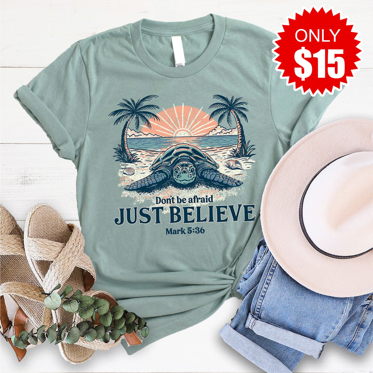 Believe Sea Turtle Tee - Heather Sage - 15 product image 1