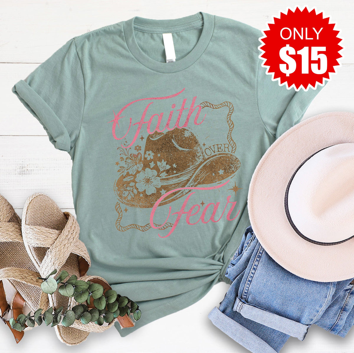 Faith Over Fear Tee - Heather Sage - 15 product image 1