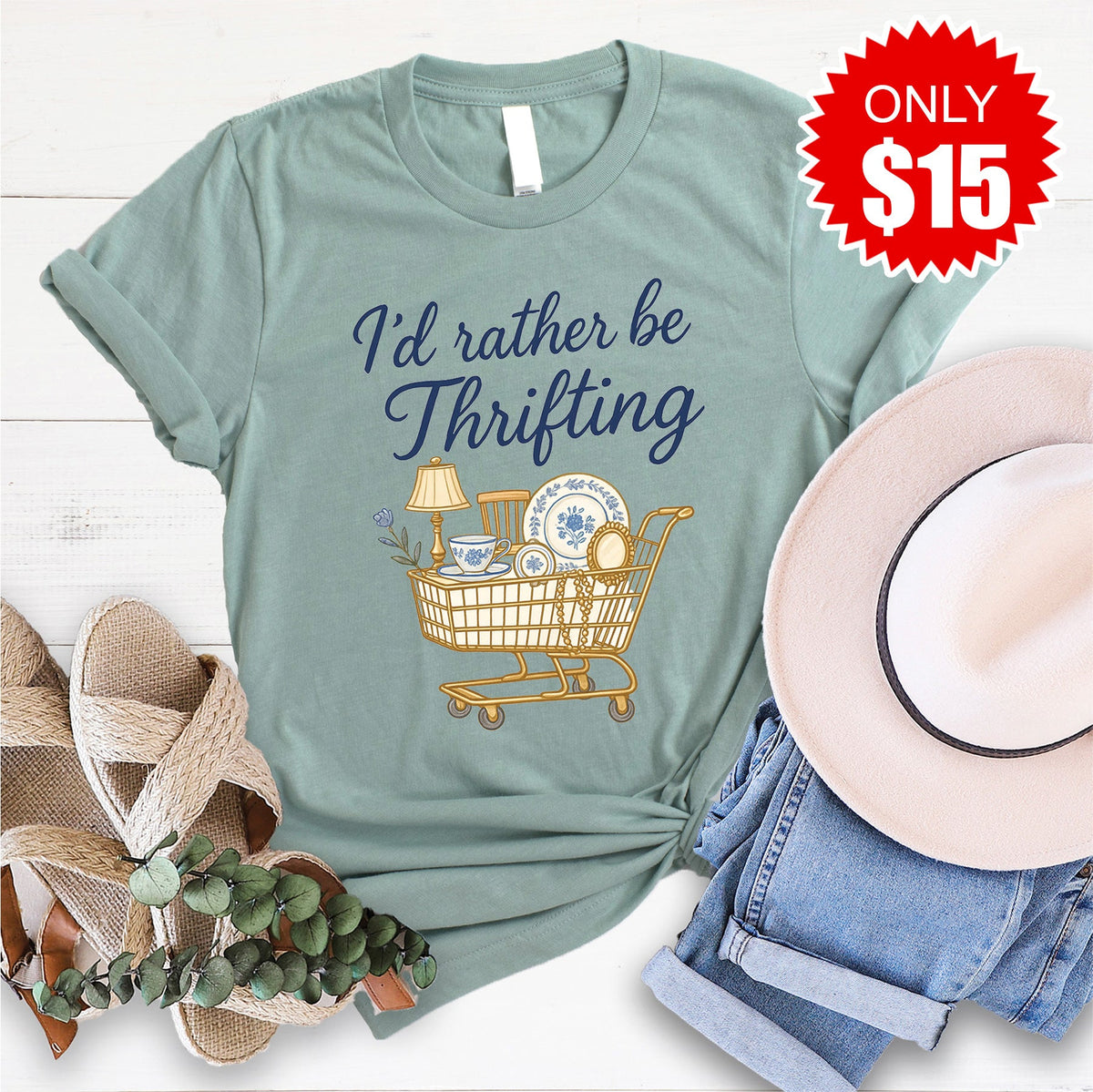 Id Rather Be Thrifting Tee - Heather Sage - 15 product image 1