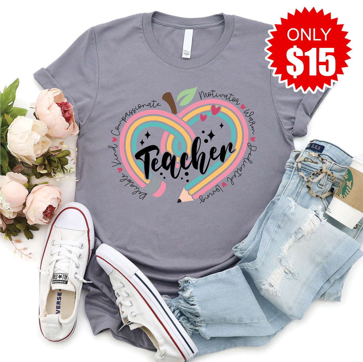 Teacher Pencil Heart Tee - Heather Storm - 15 product image 1