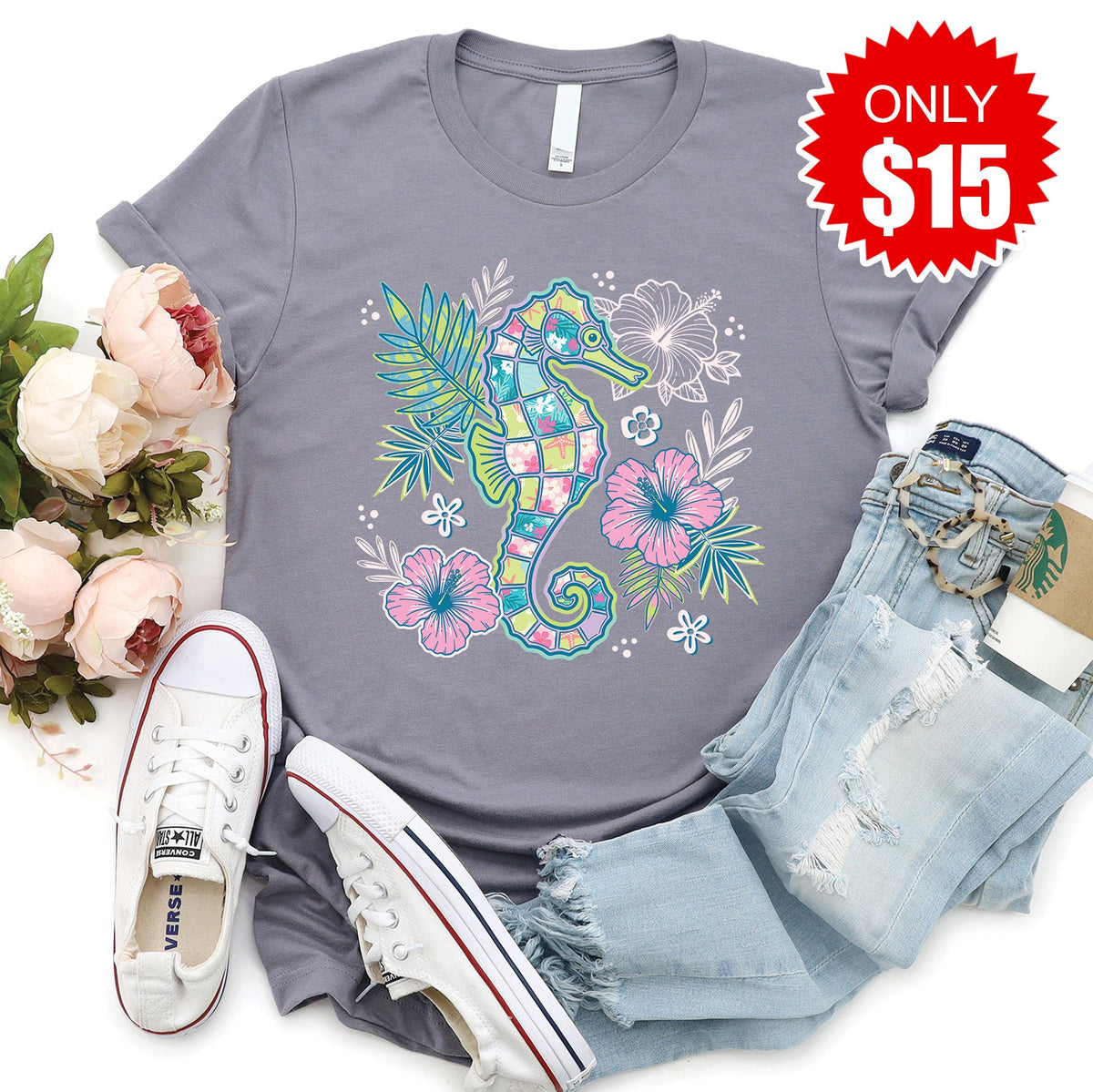 Floral Seahorse Tee - Heather Storm - 15 product image 1