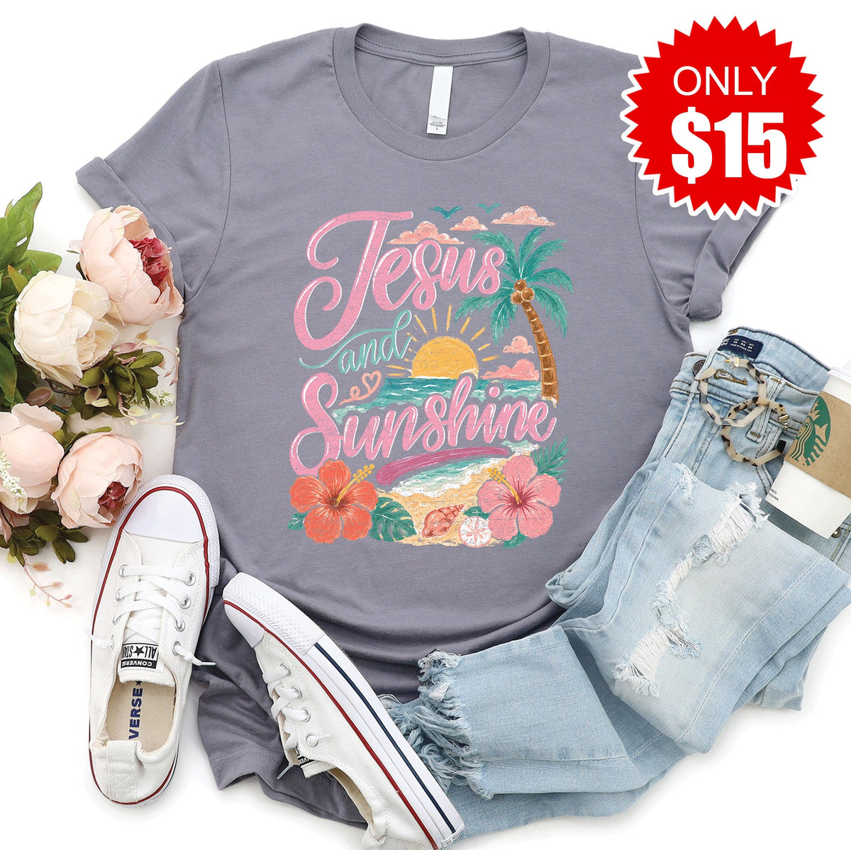 Jesus and Sunshine Tee - Heather Storm - 15 product image 1