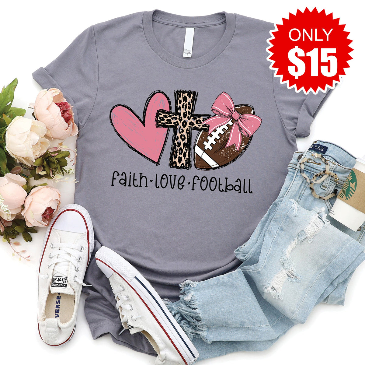 Faith Love Football Tee - Heather Storm - 15 product image 1