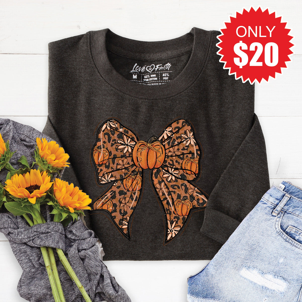 Pumpkin Bow Sweatshirt - Heather Charcoal - 20 product image 1