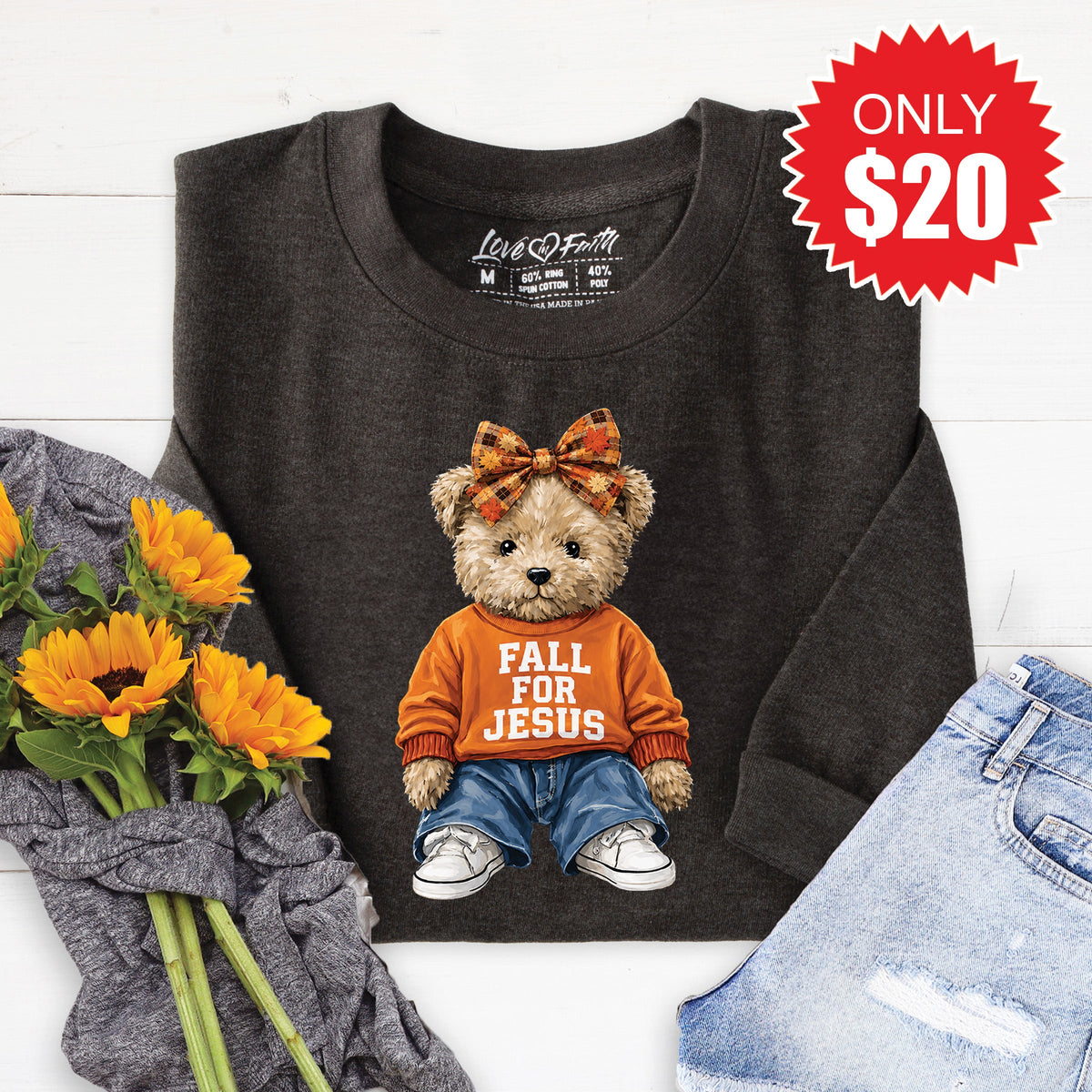 Fall For Jesus Teddy Bear Sweatshirt - Heather Charcoal - 20 product image 1