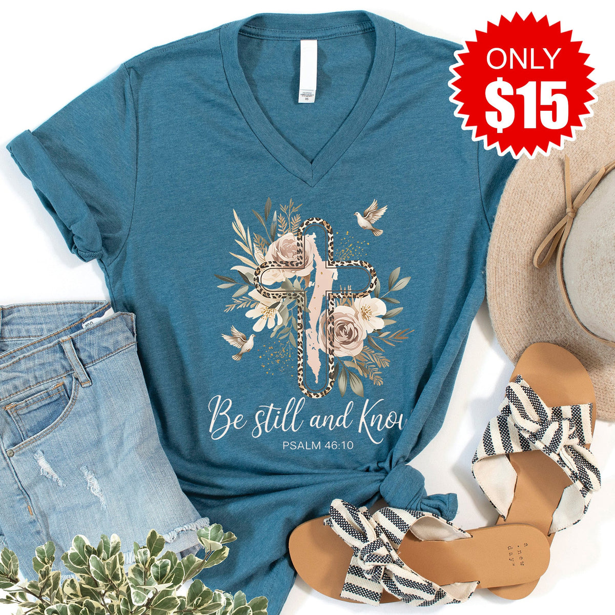 Be Still and Know V-Neck - Heather Deep Teal - 15