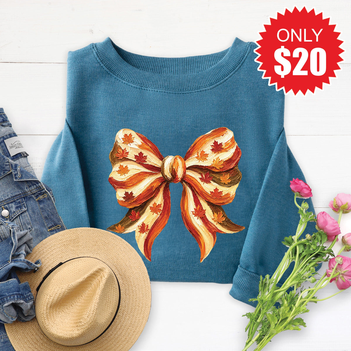 Fall Bow Sweatshirt - Heather Deep Teal - 20 product image 1