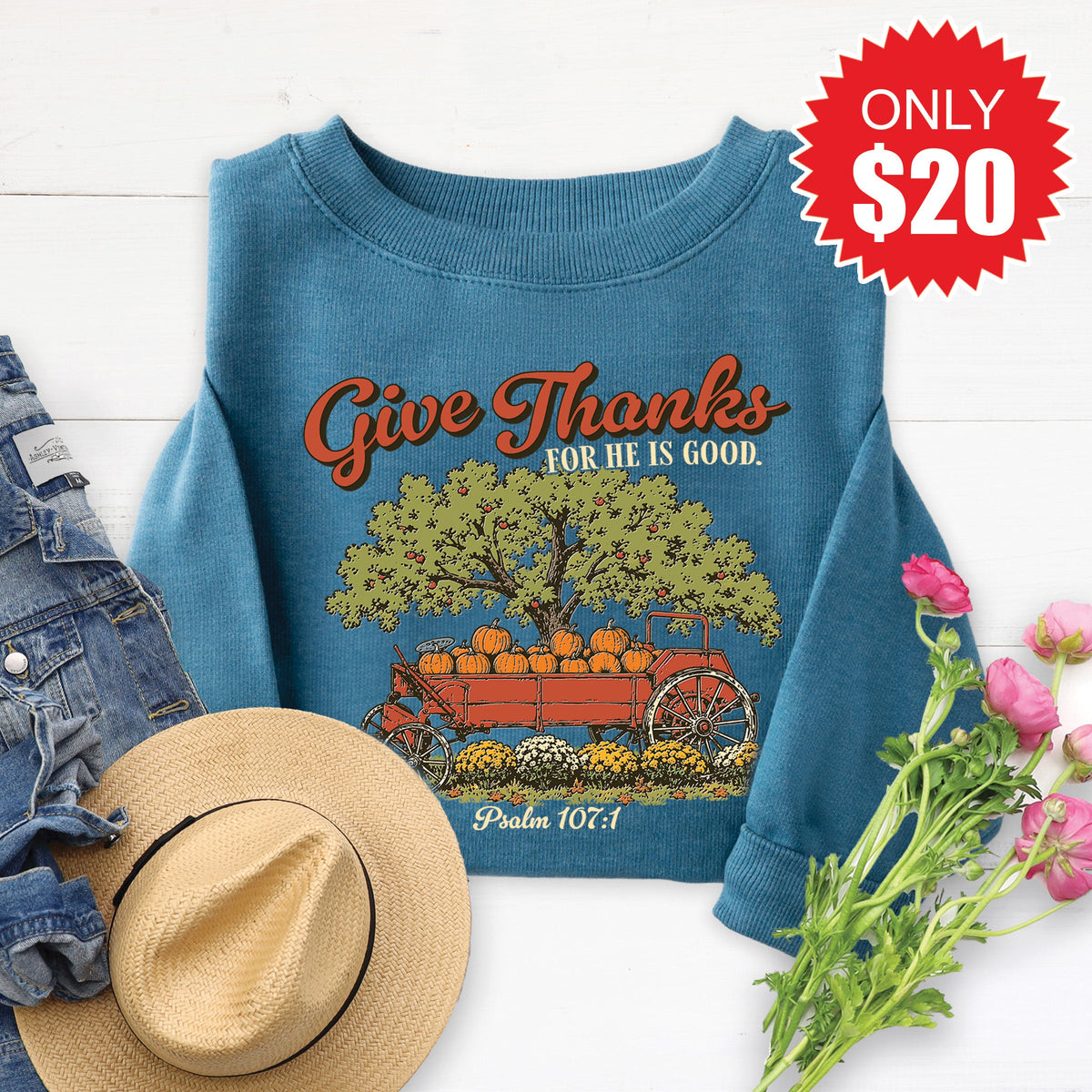 Give Thanks Sweatshirt - Heather Deep Teal - 20 product image 1
